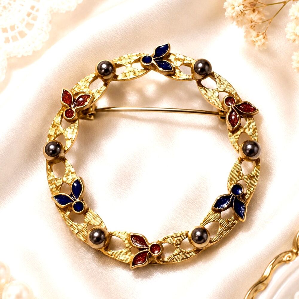 Vintage Gold Tone Red & Blue Enamel Mid Century Circle Brooch Pin